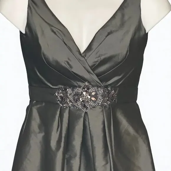 Vintage LAZARO Sleeveless Cocktail Dress Sz 10 Satin Jeweled Wedding Pewter Gray - Picture 3 of 15